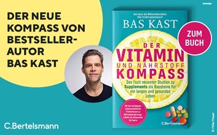 Werbeteaser: der Hintergrund ist dunkeltürkis. Links in einem gelben Kreis steht: "Der neue Kompass von Bestseller-Autor Bas Kast". Daneben ist in einem weiteren Kreis das Portraitfoto des Autoren zu sehen. Rechts ist das Buch "Der Vitamin- und Nährstoff-Kompass" von Bas Kast aus dem Bertelsmann Verlag abgebildet. Der Link führt zur Detailseite des Titels mit Bestellmöglichkeit