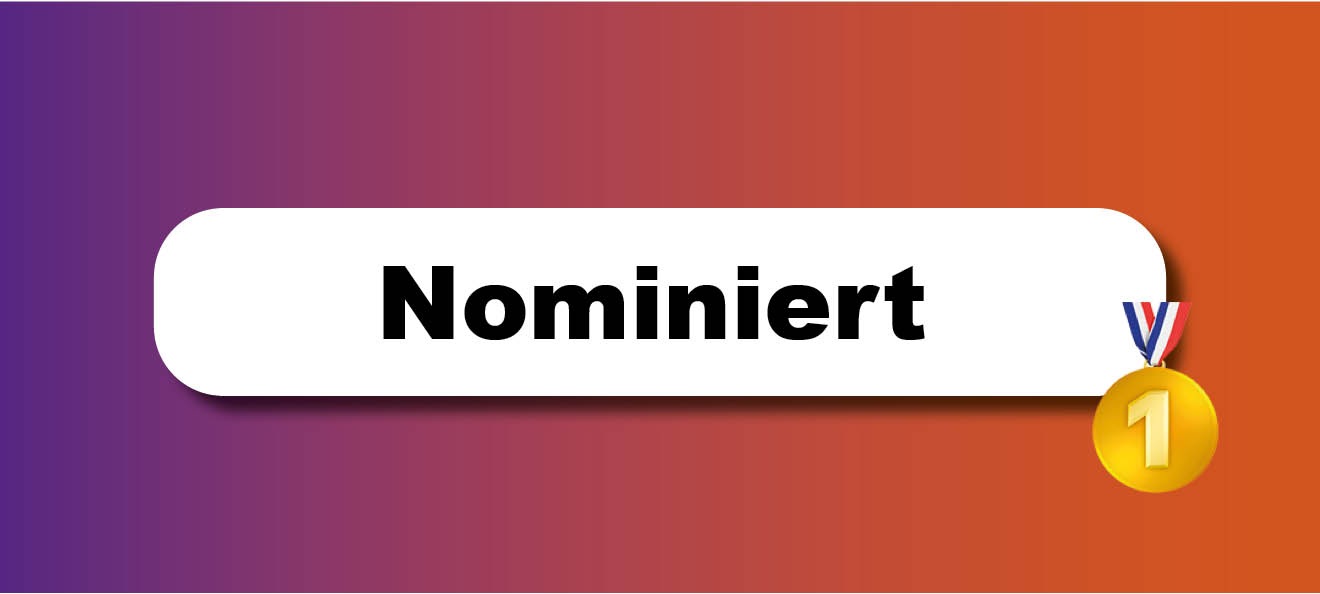 Banner: Der Hintergrund hat einen Farbverlauf von lila zu orange. In der Mitte steht "Nominiert". Der Link führt zu einer Themenwelt zum "Preis der Leipziger Buchmesse 2026" in welcher die jeweils 5 nominierten Titel aus den Kategorien Belletristik, Sachbuch/Essayistik und Übersetzung aufgeführt sind.