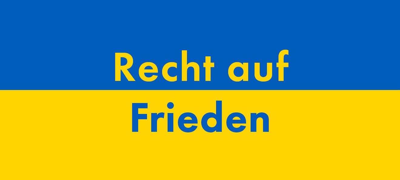 Banner: Der Hintergrund ist oben blau und unten gelb und stellt die ukrainische Flagge dar, versehen mit den Worten "Recht auf Frieden". Der Link führt zu einer Titelliste mit belletristischen Büchern ukrainischer Autor*innen, sowie Sachbüchern zum Thema. 