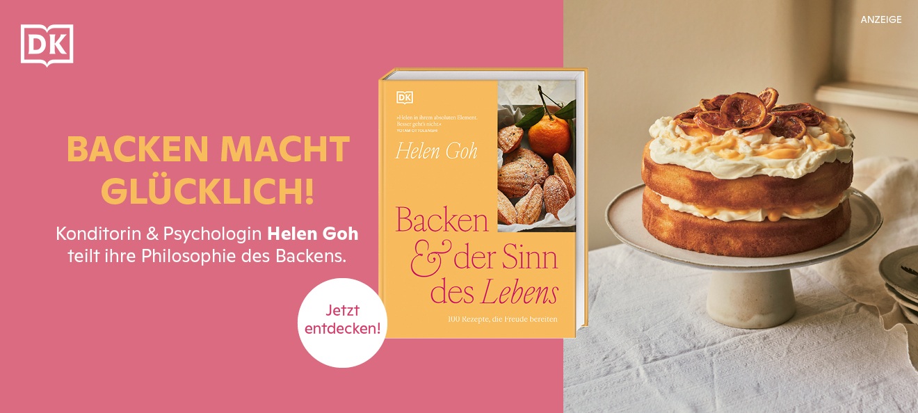 Werbebanner: Rechts ist eine Fotografie einer zweistöckigen Torte auf einem Tortenständer zu sehen. Links ist der Hintergrund in einem kräftigen, dunklen Rosa gehalten. Darauf steht: "Backen macht glücklich!" und darunter "Konditorin & Psychologin Helen Goh teilt ihre Philosophie des Backens." Ungefähr in der Mitte ist das Backbuch "Backen & der Sinn des Lebens", Untertitel "100 Rezepte, die Freude bereiten" von Helen Goh aus dem Dorling Kindersley Verlag abgebildet. Der Link führt zur Detailseite 