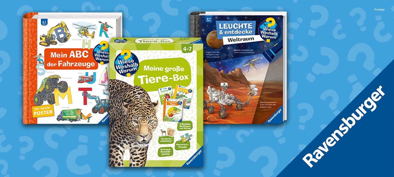 Werbebanner: Der Hintergrund ist mittelblau mit vielen hellblauen Fragezeichen in unterschiedlichen Größen, die chaotisch angeordnet sind. Darauf sind drei Bücher aus der Kindersachbuch-Reihe "Wieso? Weshalb? Warum?" aus dem Ravensburger Verlag abgebildet: "Mein ABC der Fahrzeuge" und "Meine große Tiere-Box" und "Leuchte & entdecke - Weltraum". Der Link führt zu 18 ausgewählten Titeln dieser Reihe.