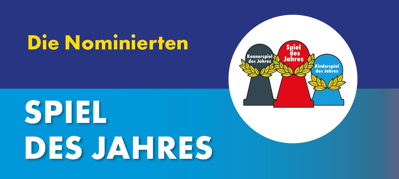Banner: Der Hintergrund ist oben dunkelblau und unten hellblau. Oben steht in gelber Schrift: "Die Nominierten" und darunter in weißer Schrift: "Spiel des Jahres". Rechts ist das Logo der Spielepreise abgebildet. Der Link führt zu einer Themenseite mit drei Kategorien, in welchen jeweils drei Spiele nominiert wurden. Die Kategorien sind: Spiel des Jahres, Kennerspiel des Jahres und Kinderspiel des Jahres.